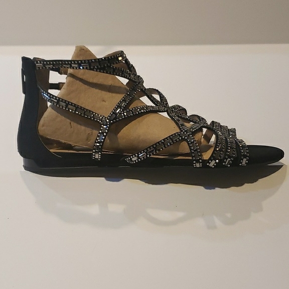 ANTONIO MELINA BLACK & SILVER EMBELLISHED STRAPPY GLADIATOR FLAT SANDALS ZIPPER - Picture 4 of 9